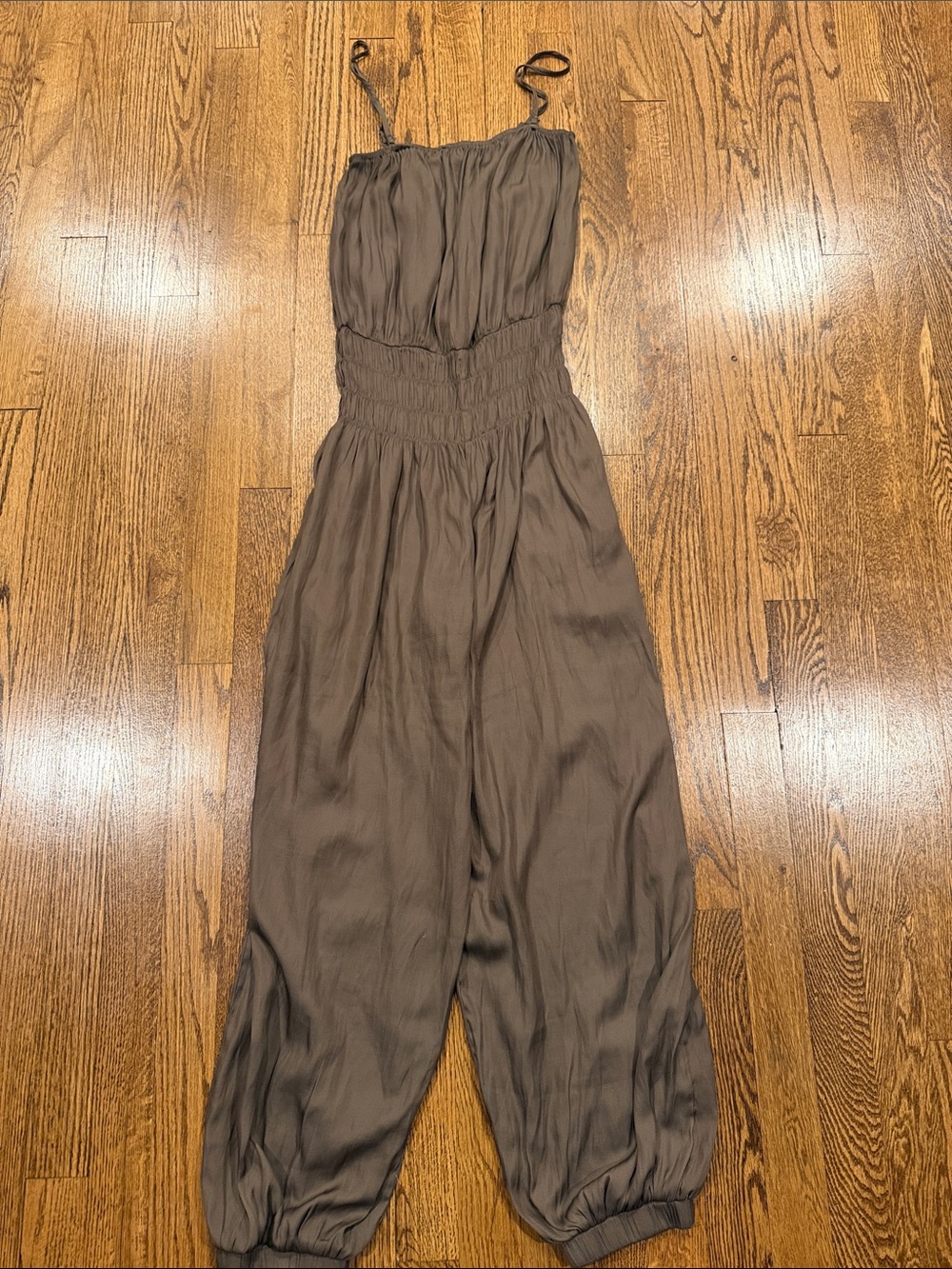Miou Muse Women's Brown Smocked waist spaghetti strap balloon Jumpsuit